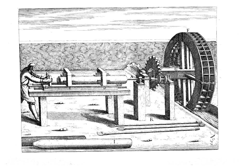 Darstellung einer Bohrmühle aus dem 17. Jhd.